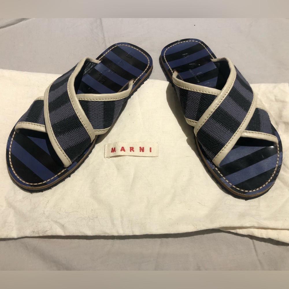 Marni Blue and Black Striped Nastro Sandals US Mens size 8.5